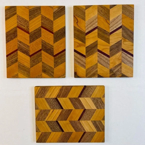 3 Wooden Trivets 5” x 6” Chevron Pattern - Picture 1 of 5